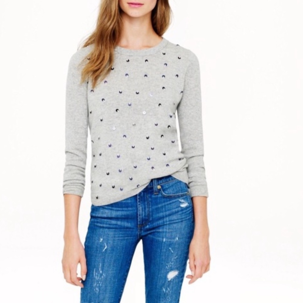 J Crew Italian Cashmere Sequins Sweater Pullover Long Sleeves Gray Sz XXS